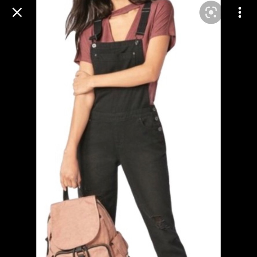 JUSTFAB slim distressed overalls.